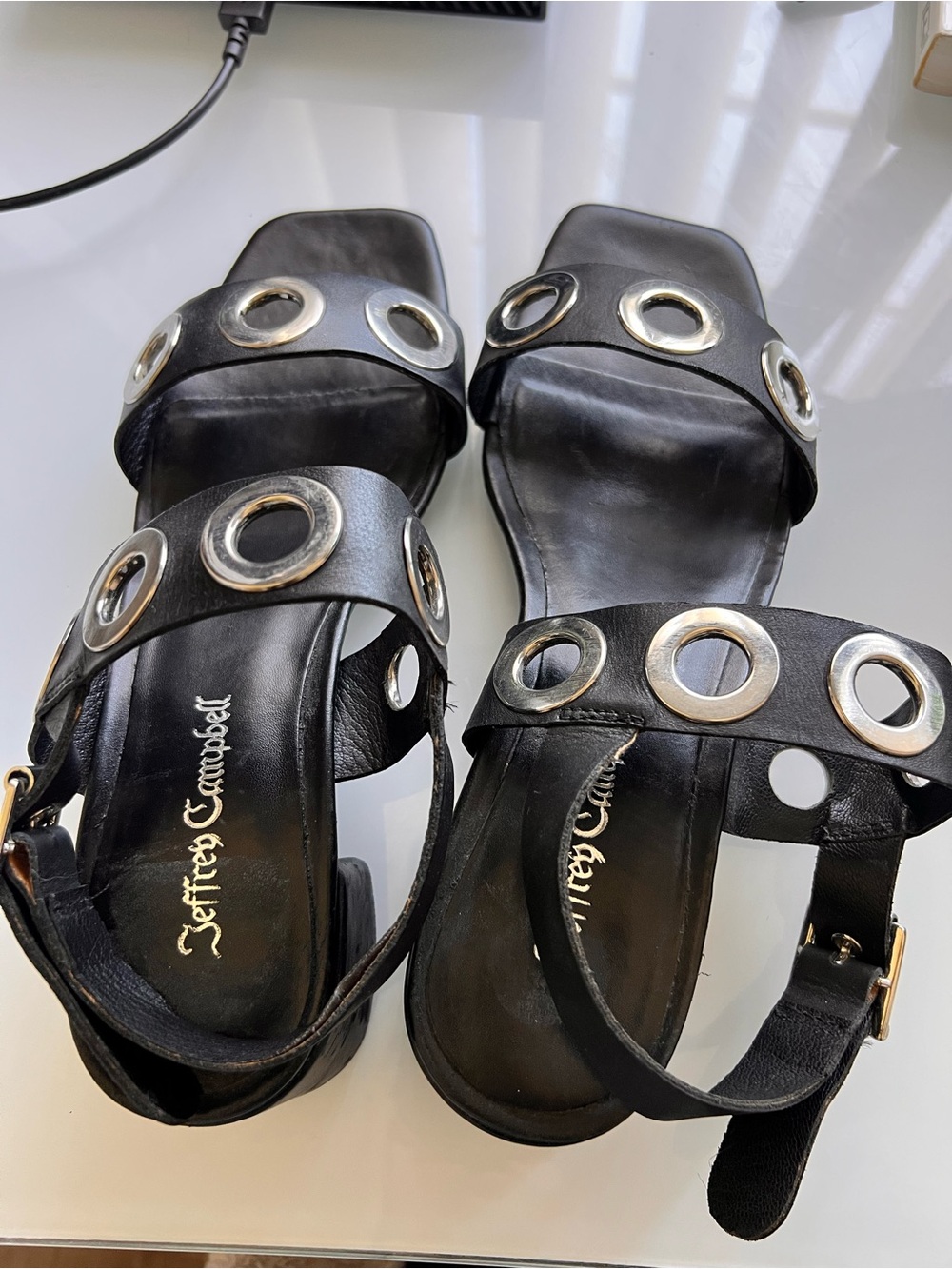 Jeffrey Campbell Black Leather Grommet Sandals with Mixed Metal Rings - Picture 2 of 4